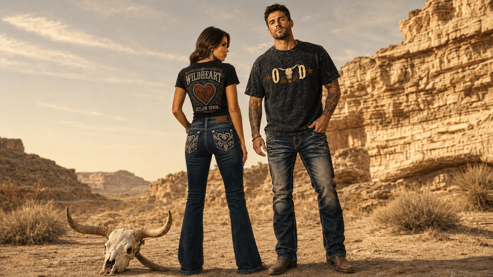 Man and woman wearing distressed Outlaw Denim jeans and tees in the high desert at dusk