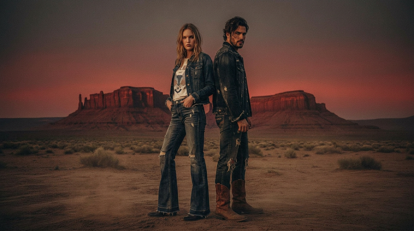 Lone figure in distressed denim and worn cowboy boots at desert dusk